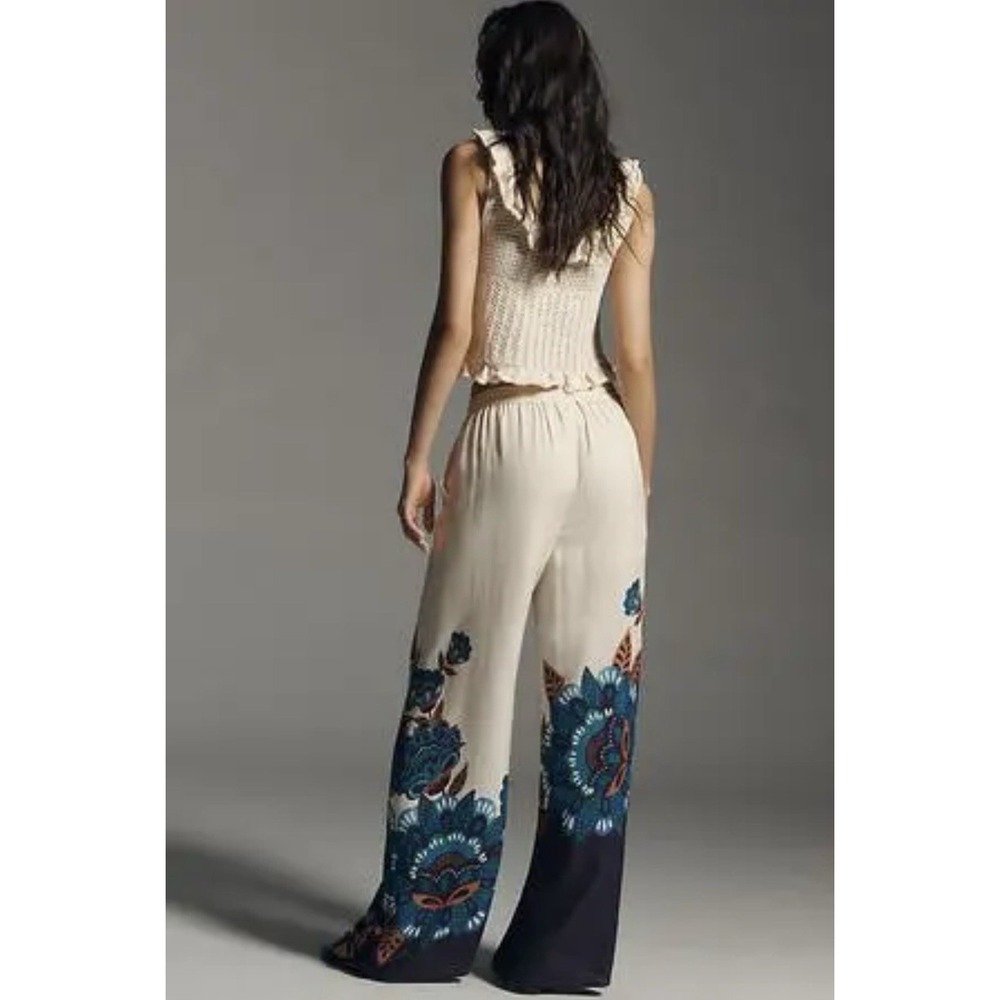 FARM RIO X Anthropologie Floral Print Martina Pants Women's S Blue Wide-Leg NWT - Picture 3 of 13
